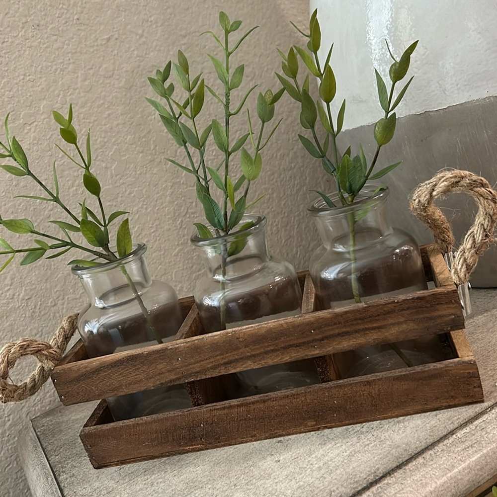 Rustic Farmhouse Cottage set of three glass vases in dark wooden crate